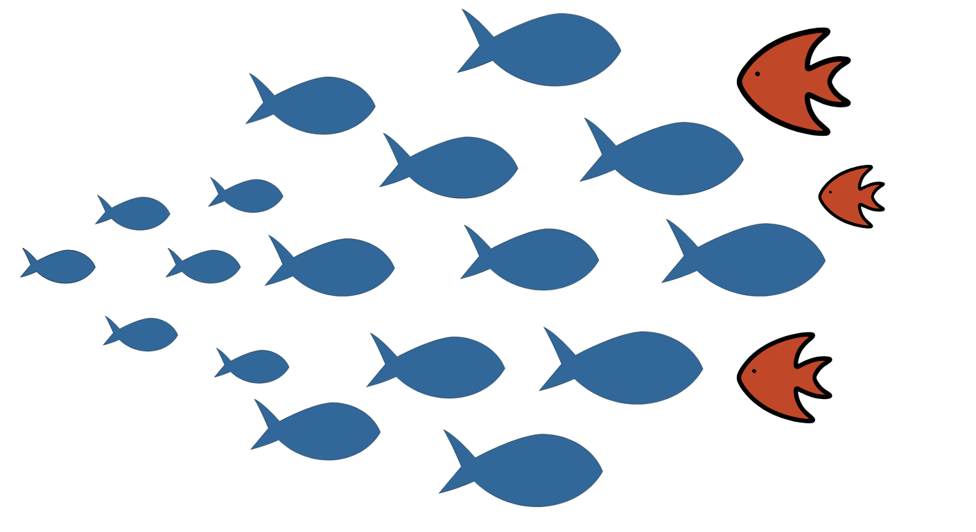 Composición visual de un banco de peces azules de estilo plano moviéndose hacia la derecha, precedido y liderado por tres peces de color naranja rojizo, más detallados y pequeños, que representan la guía de una familia con criterio propio.